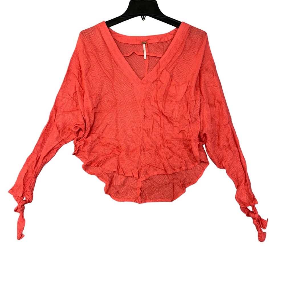 Free People Women's XS Gauzy V-Neck Top Coral Pink Rayon Long Sleeve
